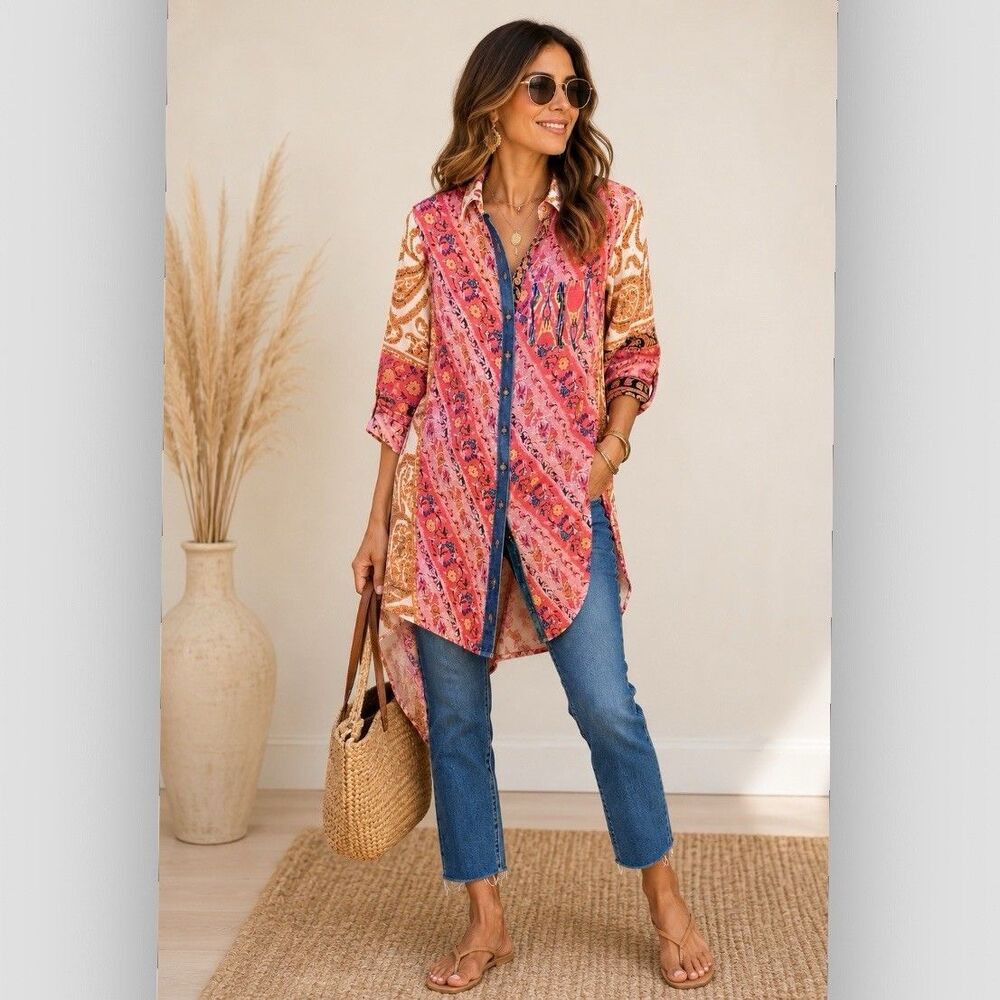 Soft Surroundings Brynn Tunic Top Small Pink Boho Paisley Velvet Trim